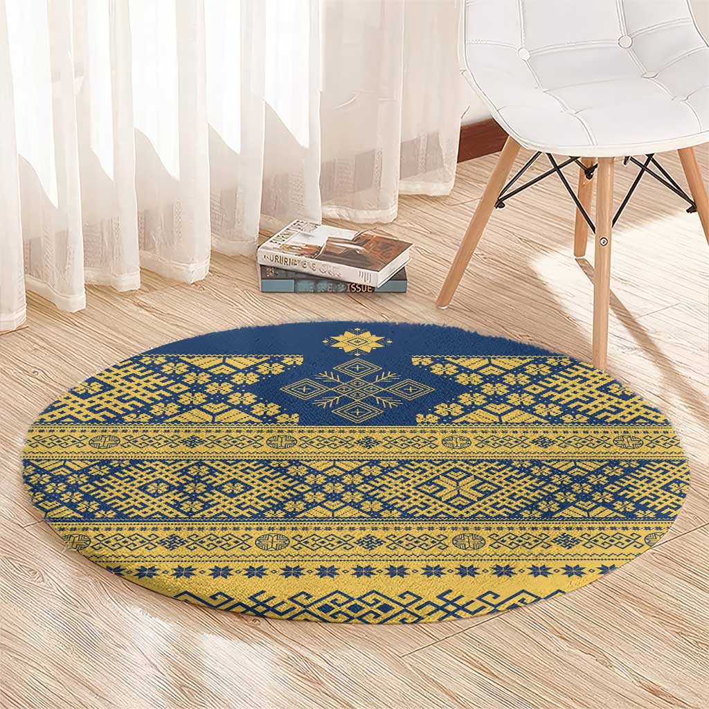 Latvia Jani Midsummer Round Carpet Blue Gold Latvijas Auseklis