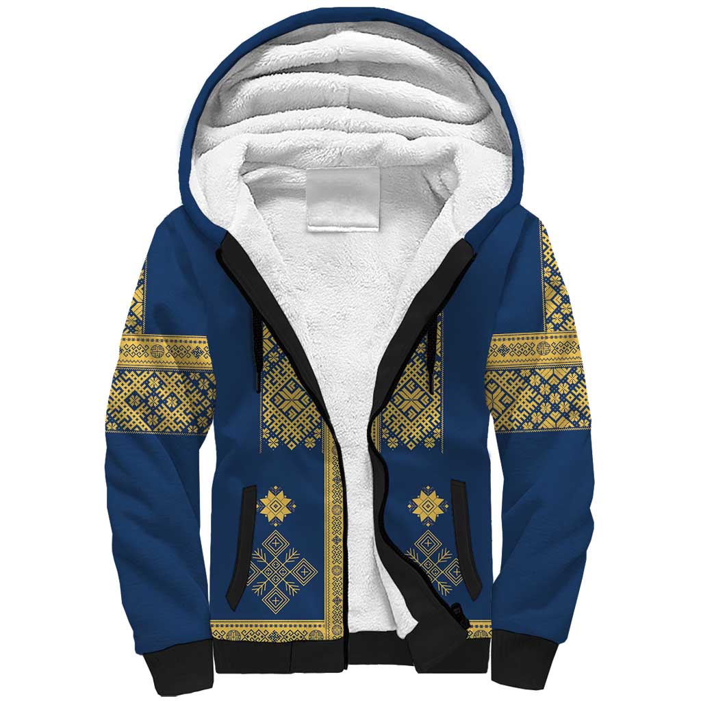 Latvia Jani Midsummer Sherpa Hoodie Blue Gold Latvijas Auseklis