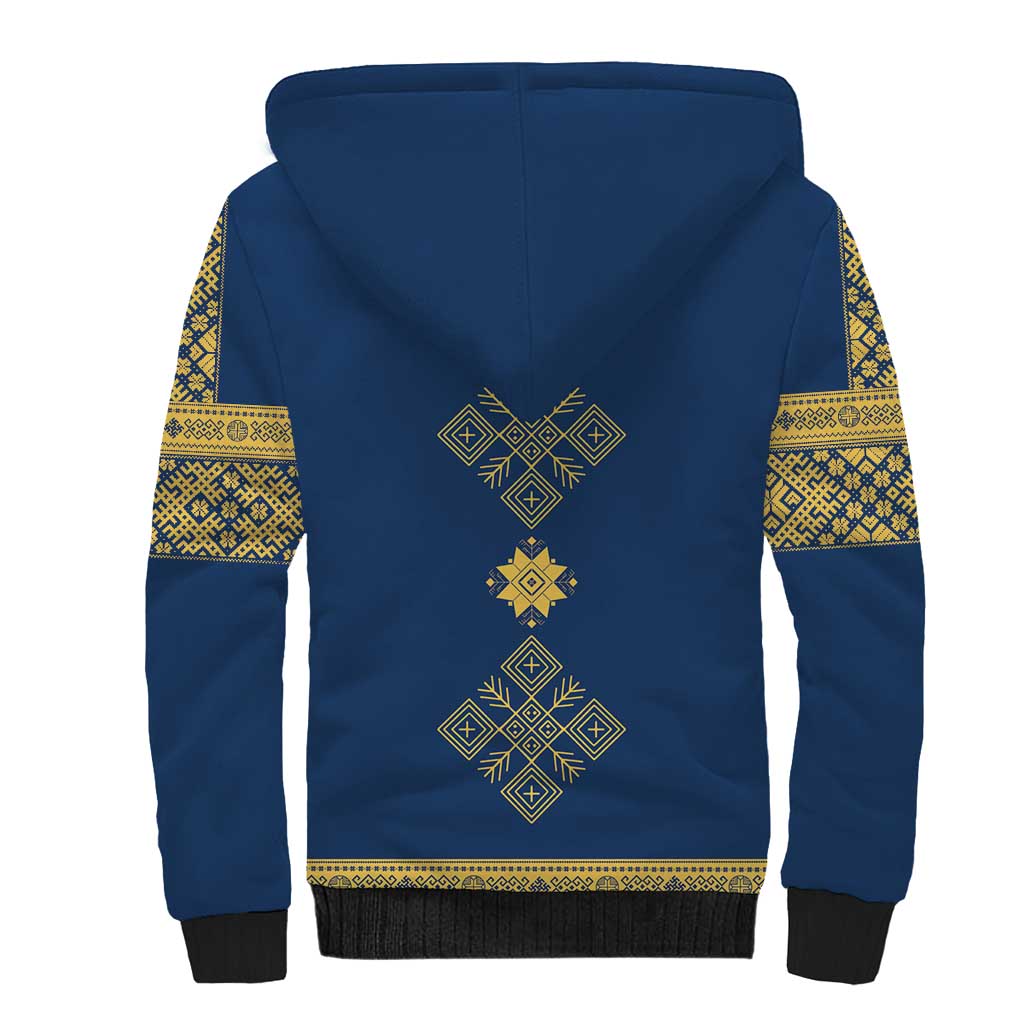 Latvia Jani Midsummer Sherpa Hoodie Blue Gold Latvijas Auseklis