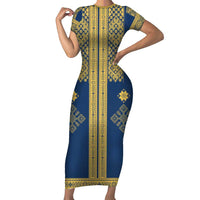 Latvia Jani Midsummer Short Sleeve Bodycon Dress Blue Gold Latvijas Auseklis