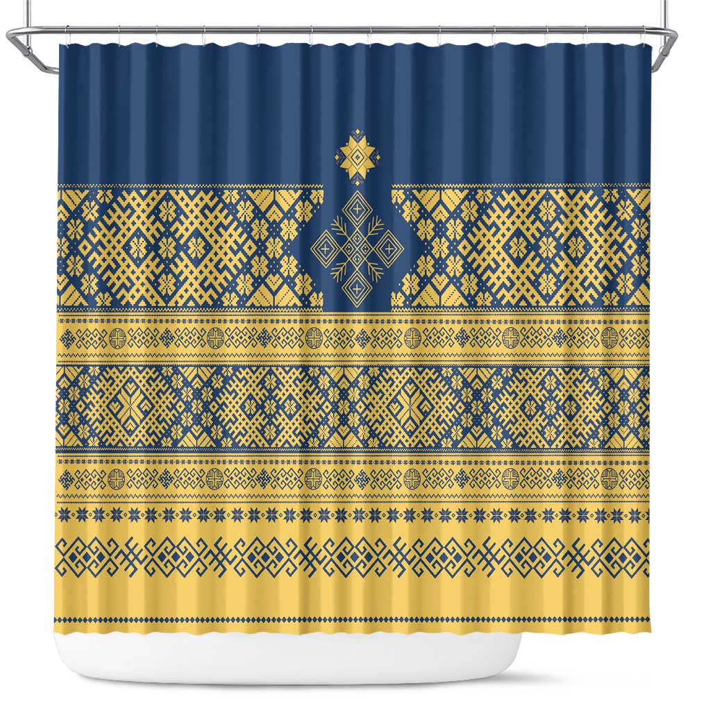 Latvia Jani Midsummer Shower Curtain Blue Gold Latvijas Auseklis