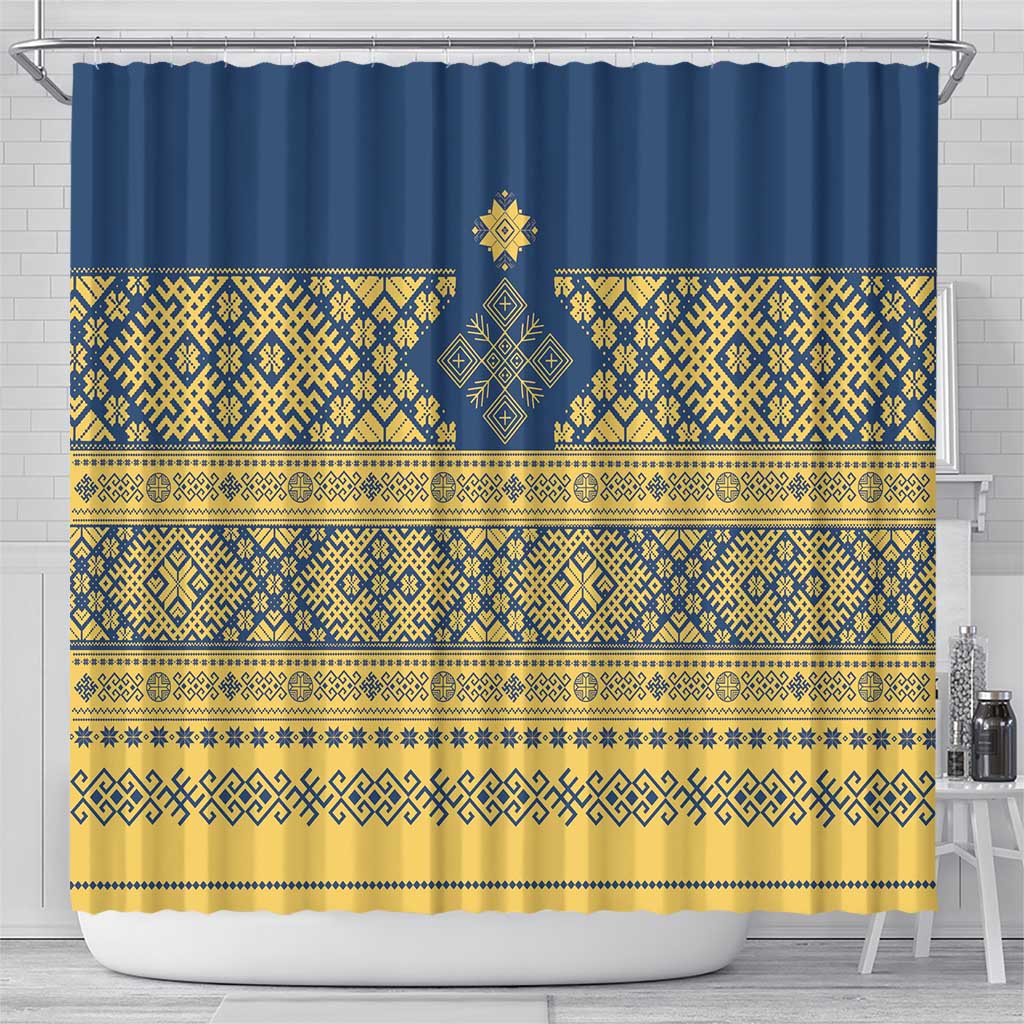 Latvia Jani Midsummer Shower Curtain Blue Gold Latvijas Auseklis
