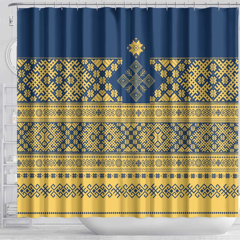 Latvia Jani Midsummer Shower Curtain Blue Gold Latvijas Auseklis
