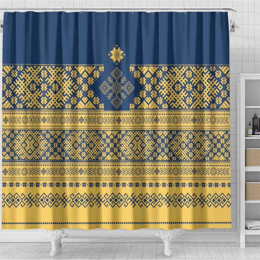 Latvia Jani Midsummer Shower Curtain Blue Gold Latvijas Auseklis