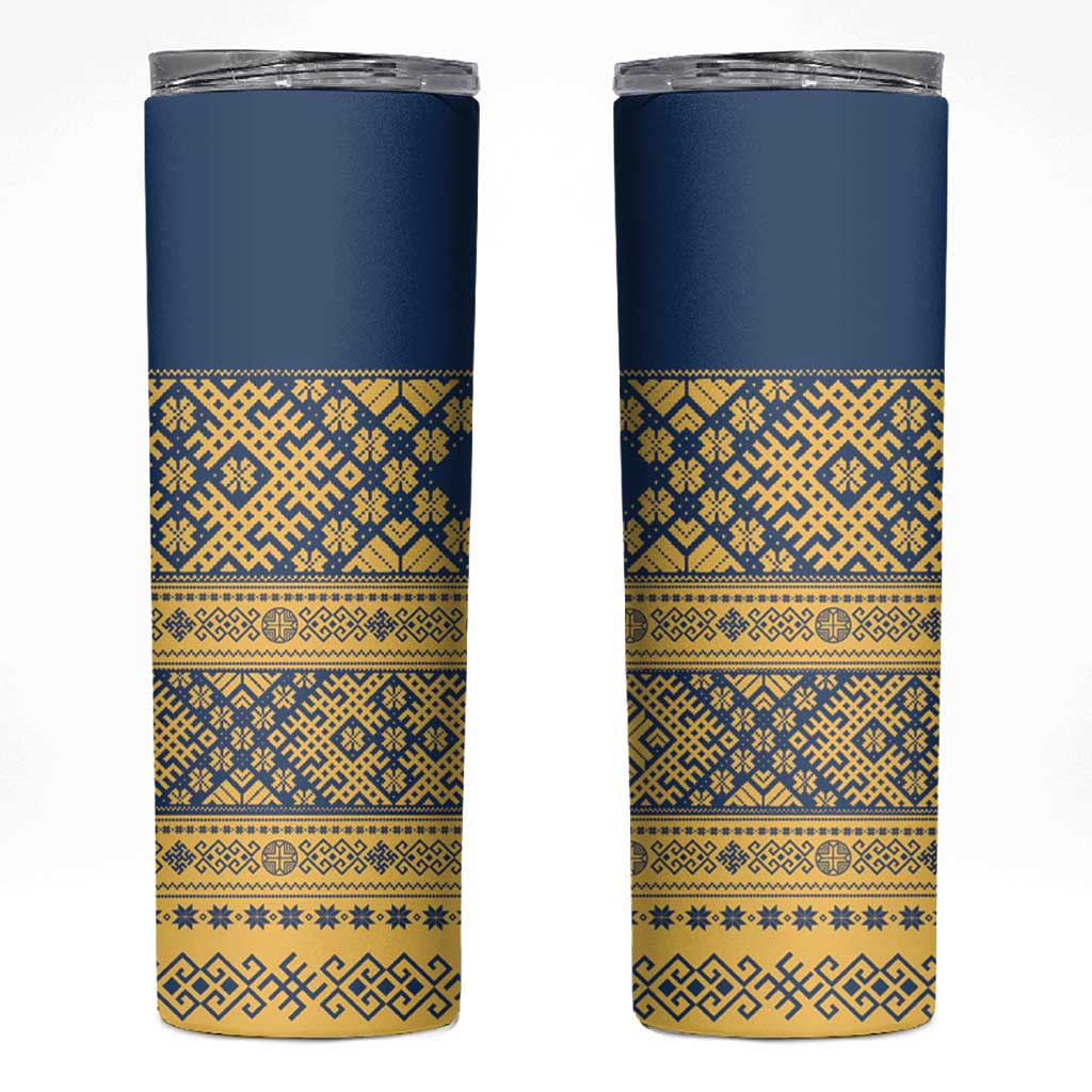 Latvia Jani Midsummer Skinny Tumbler Blue Gold Latvijas Auseklis