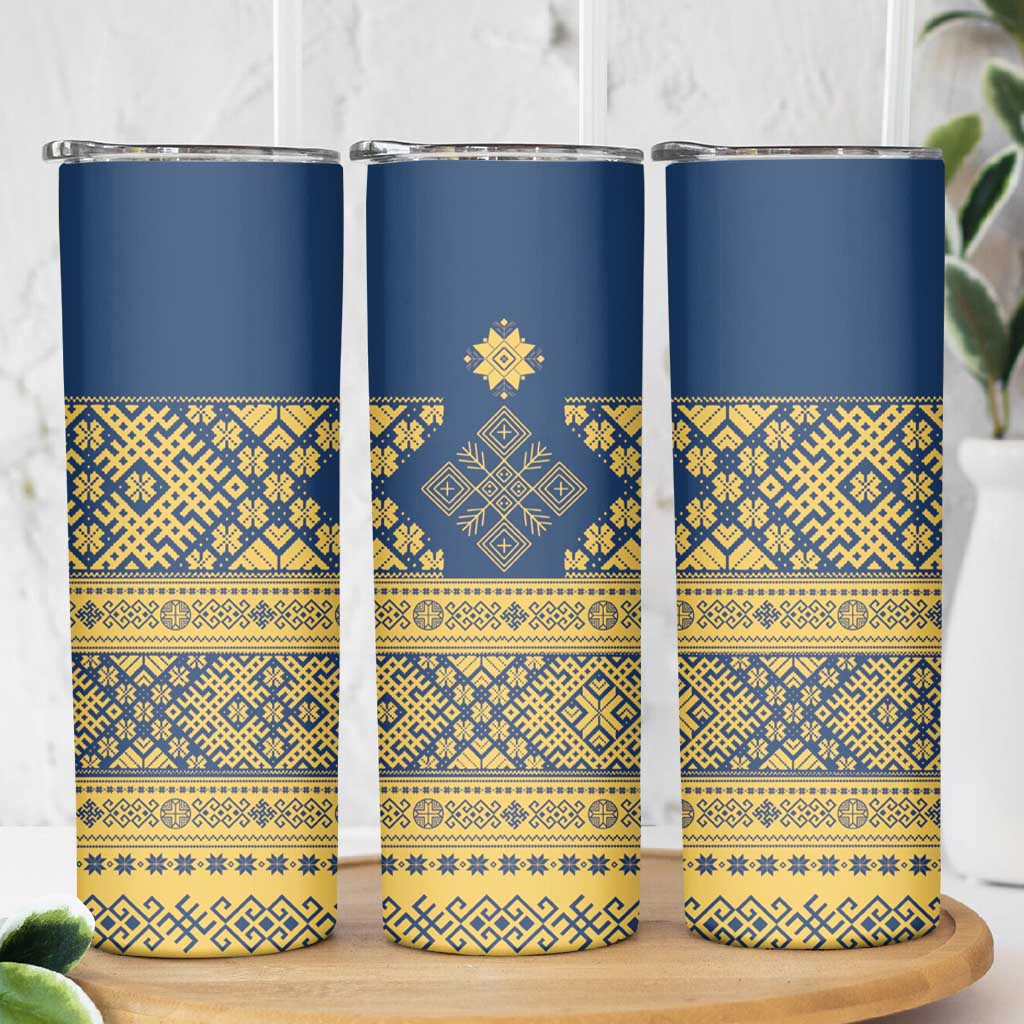 Latvia Jani Midsummer Skinny Tumbler Blue Gold Latvijas Auseklis