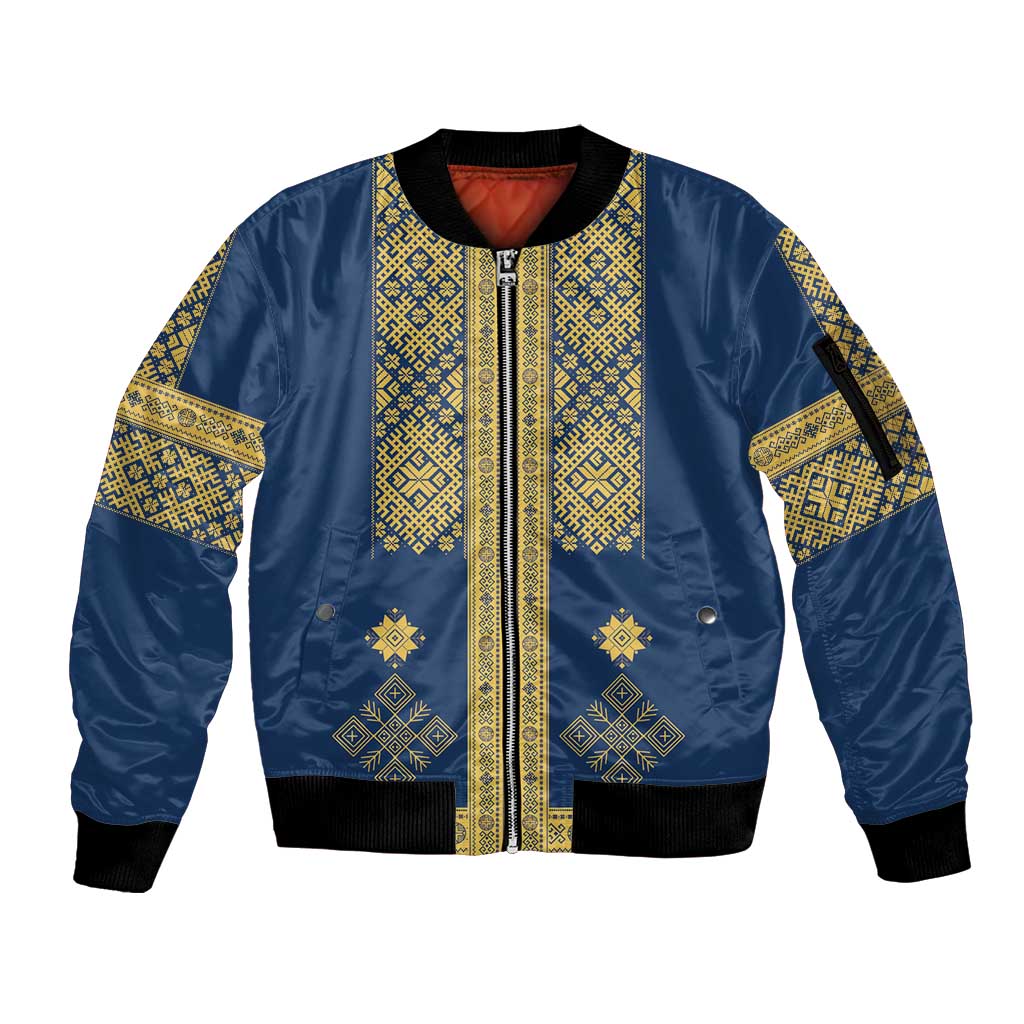 Latvia Jani Midsummer Sleeve Zip Bomber Jacket Blue Gold Latvijas Auseklis