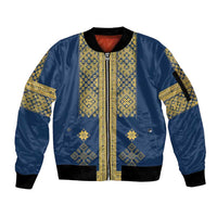 Latvia Jani Midsummer Sleeve Zip Bomber Jacket Blue Gold Latvijas Auseklis