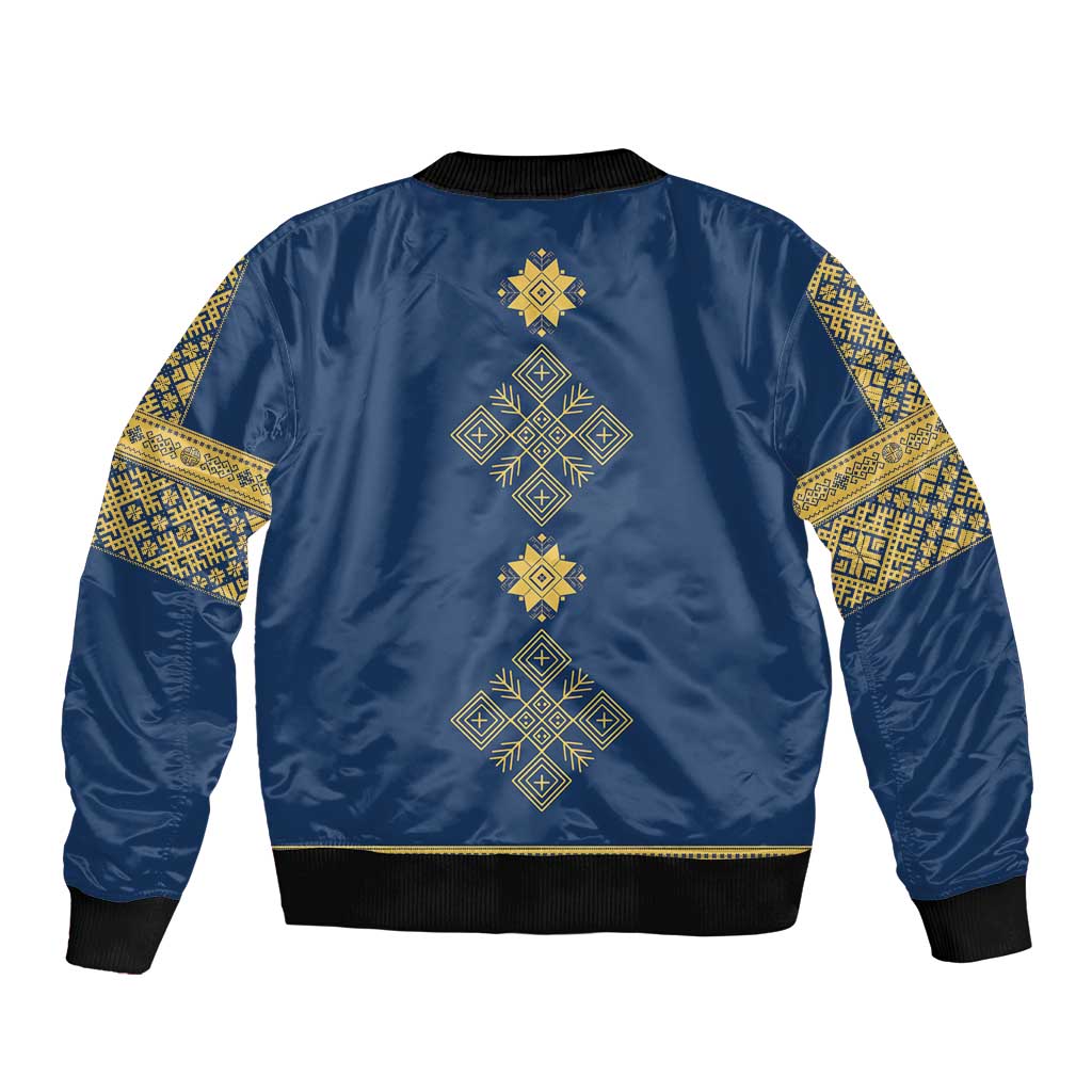 Latvia Jani Midsummer Sleeve Zip Bomber Jacket Blue Gold Latvijas Auseklis