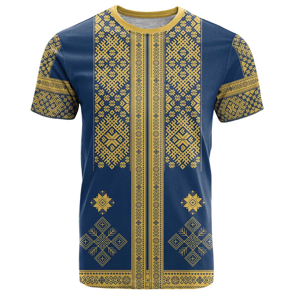 Latvia Jani Midsummer T Shirt Blue Gold Latvijas Auseklis