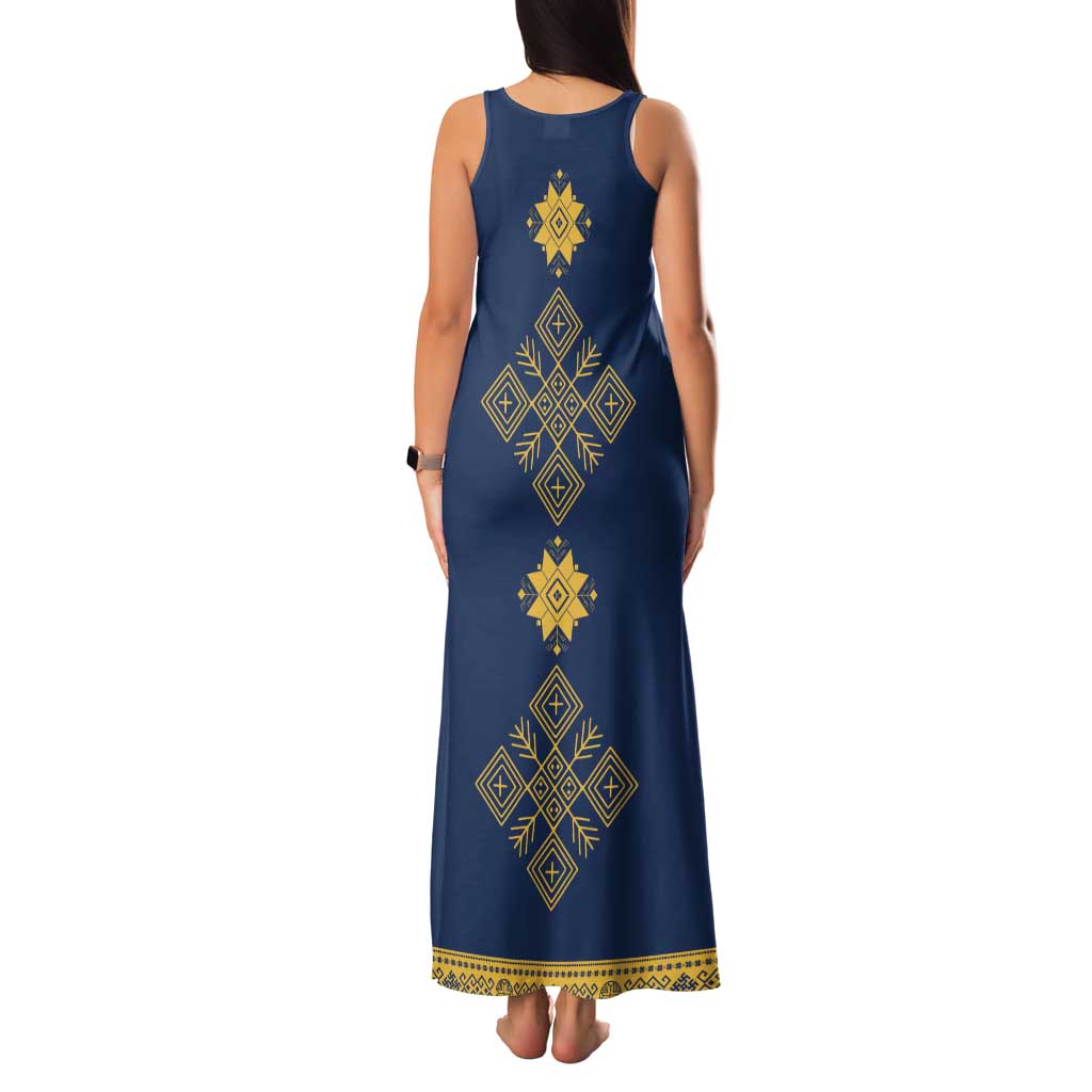 Latvia Jani Midsummer Tank Maxi Dress Blue Gold Latvijas Auseklis