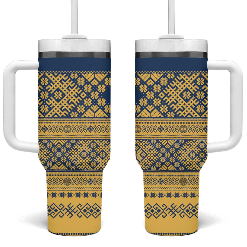Latvia Jani Midsummer Tumbler With Handle Blue Gold Latvijas Auseklis