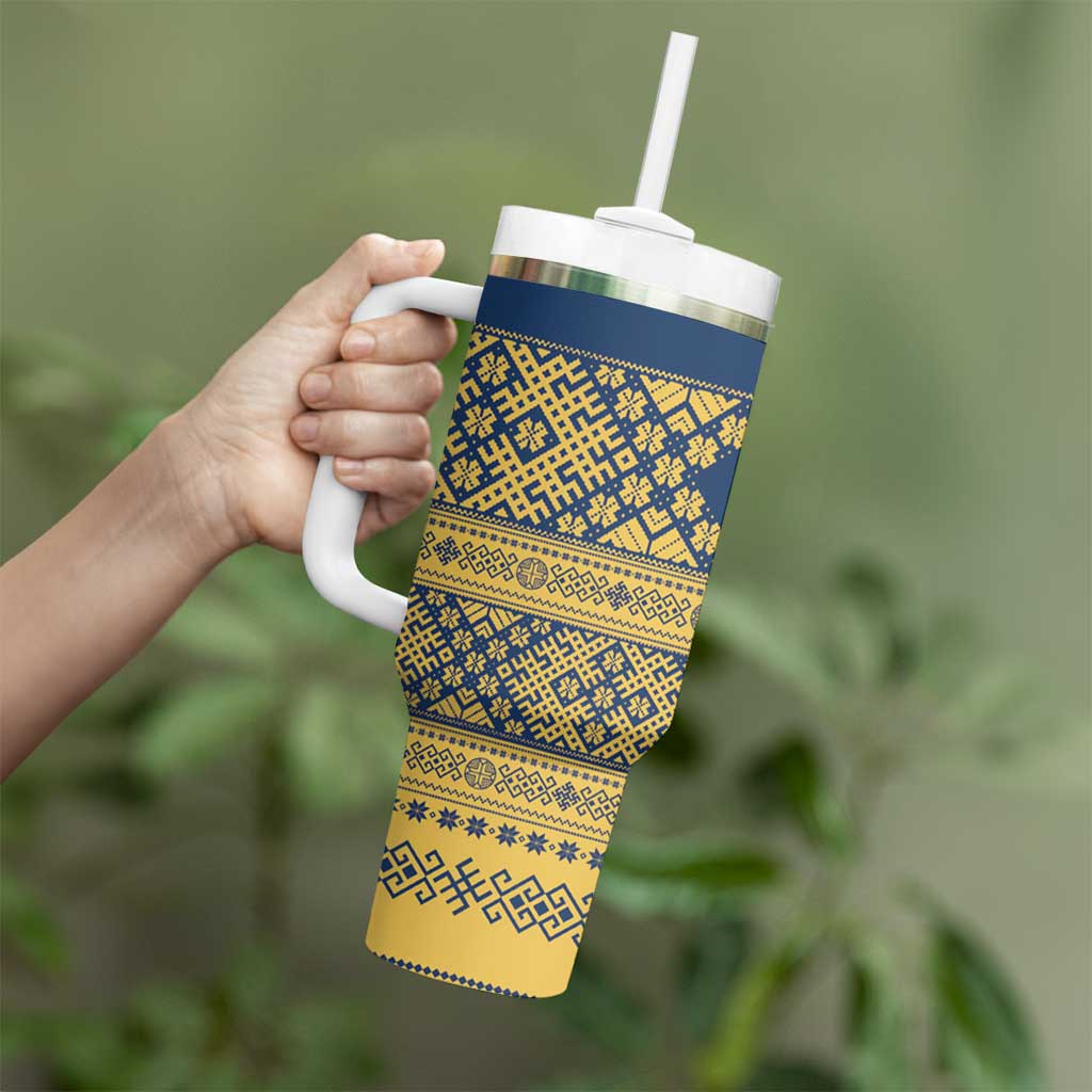 Latvia Jani Midsummer Tumbler With Handle Blue Gold Latvijas Auseklis