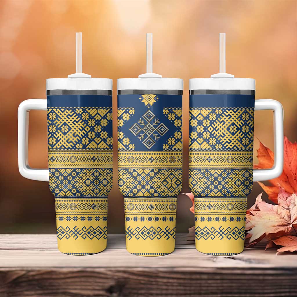 Latvia Jani Midsummer Tumbler With Handle Blue Gold Latvijas Auseklis