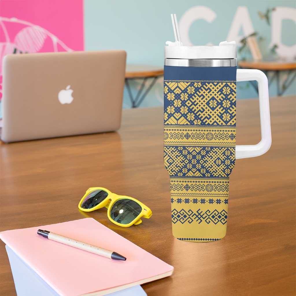 Latvia Jani Midsummer Tumbler With Handle Blue Gold Latvijas Auseklis