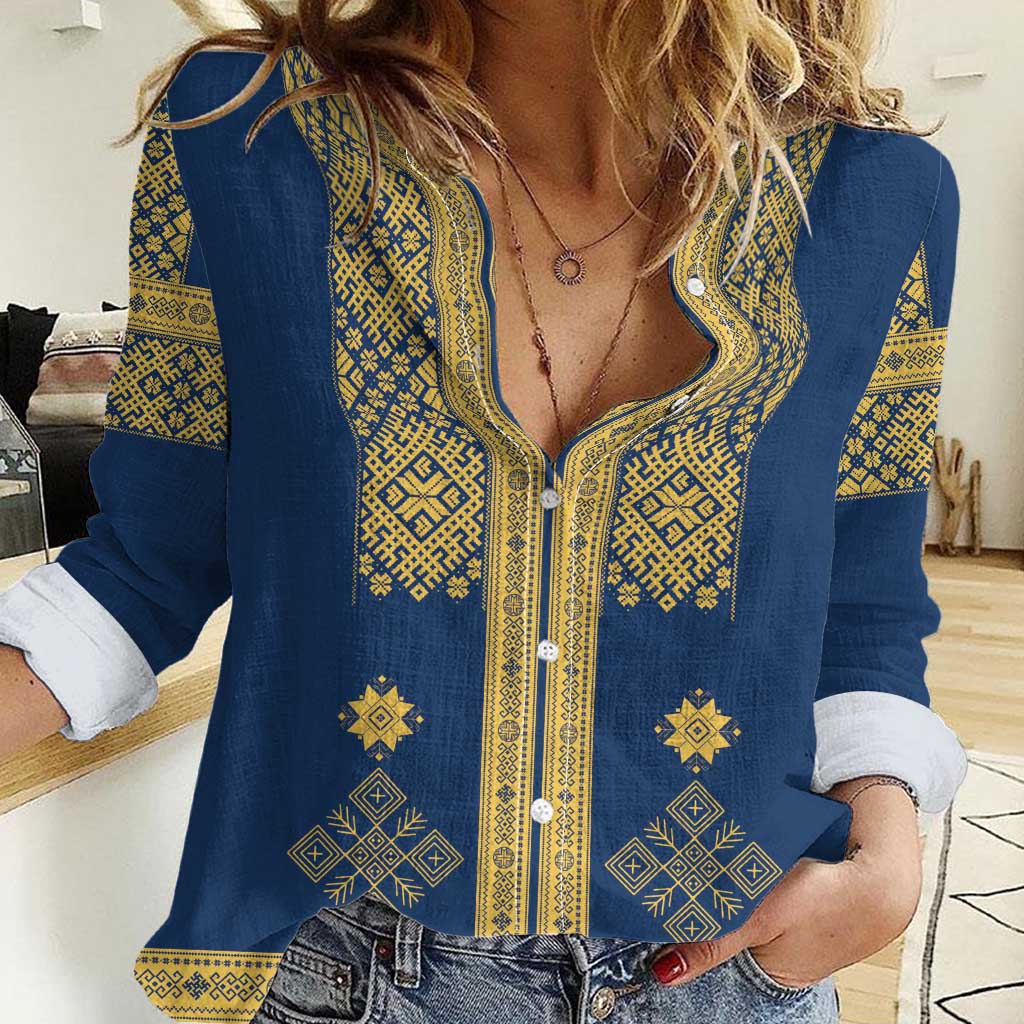 Latvia Jani Midsummer Women Casual Shirt Blue Gold Latvijas Auseklis