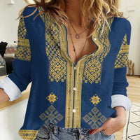 Latvia Jani Midsummer Women Casual Shirt Blue Gold Latvijas Auseklis