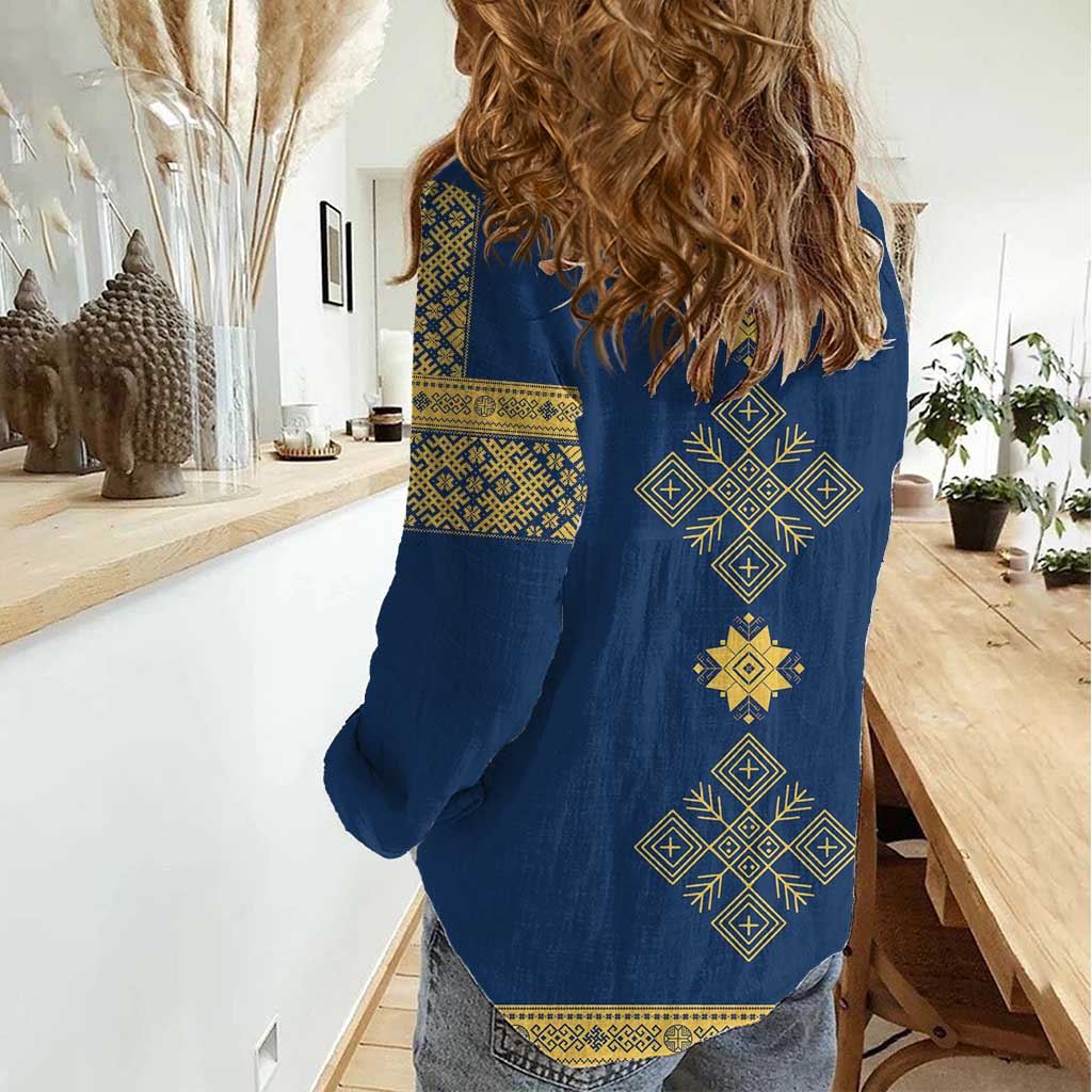 Latvia Jani Midsummer Women Casual Shirt Blue Gold Latvijas Auseklis