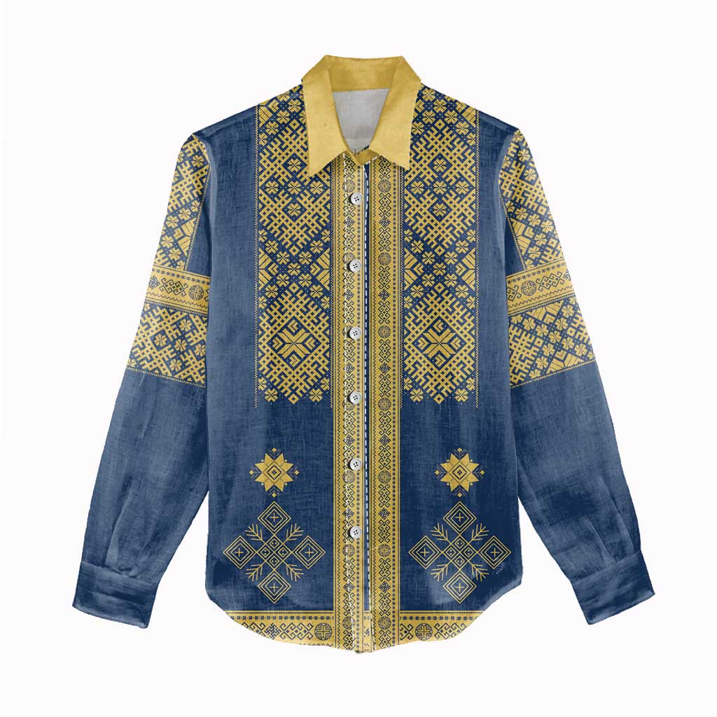 Latvia Jani Midsummer Women Casual Shirt Blue Gold Latvijas Auseklis