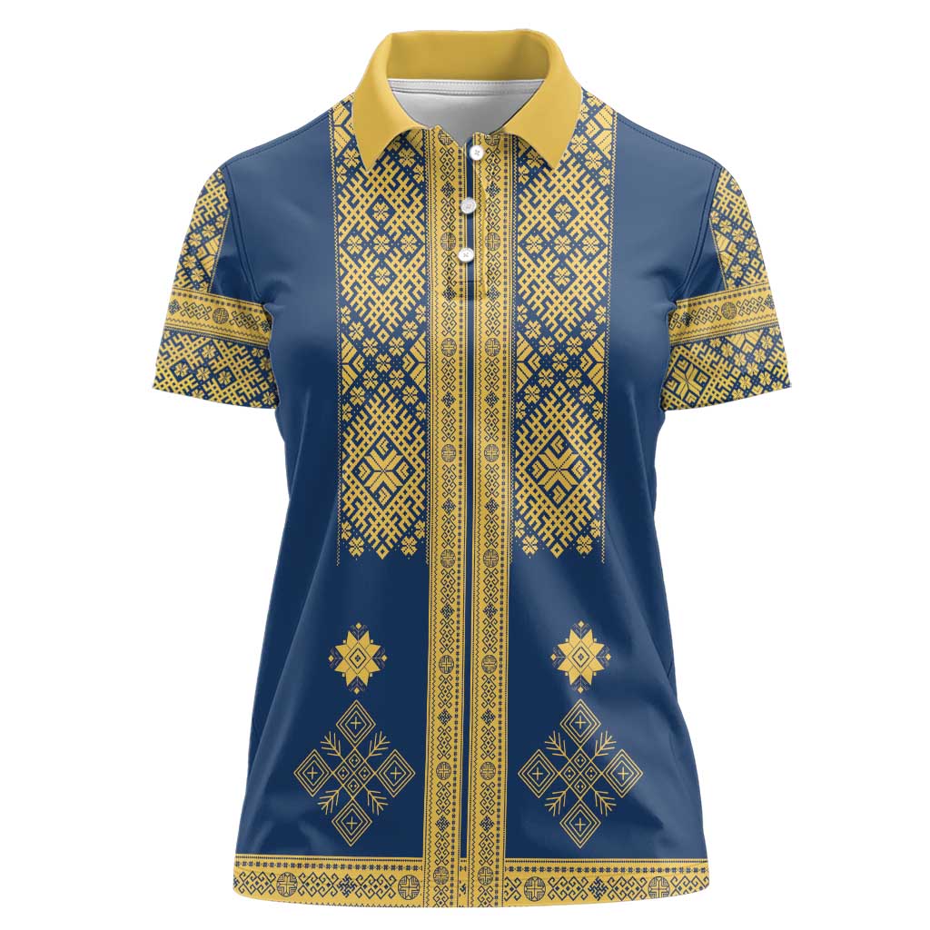 Latvia Jani Midsummer Women Polo Shirt Blue Gold Latvijas Auseklis
