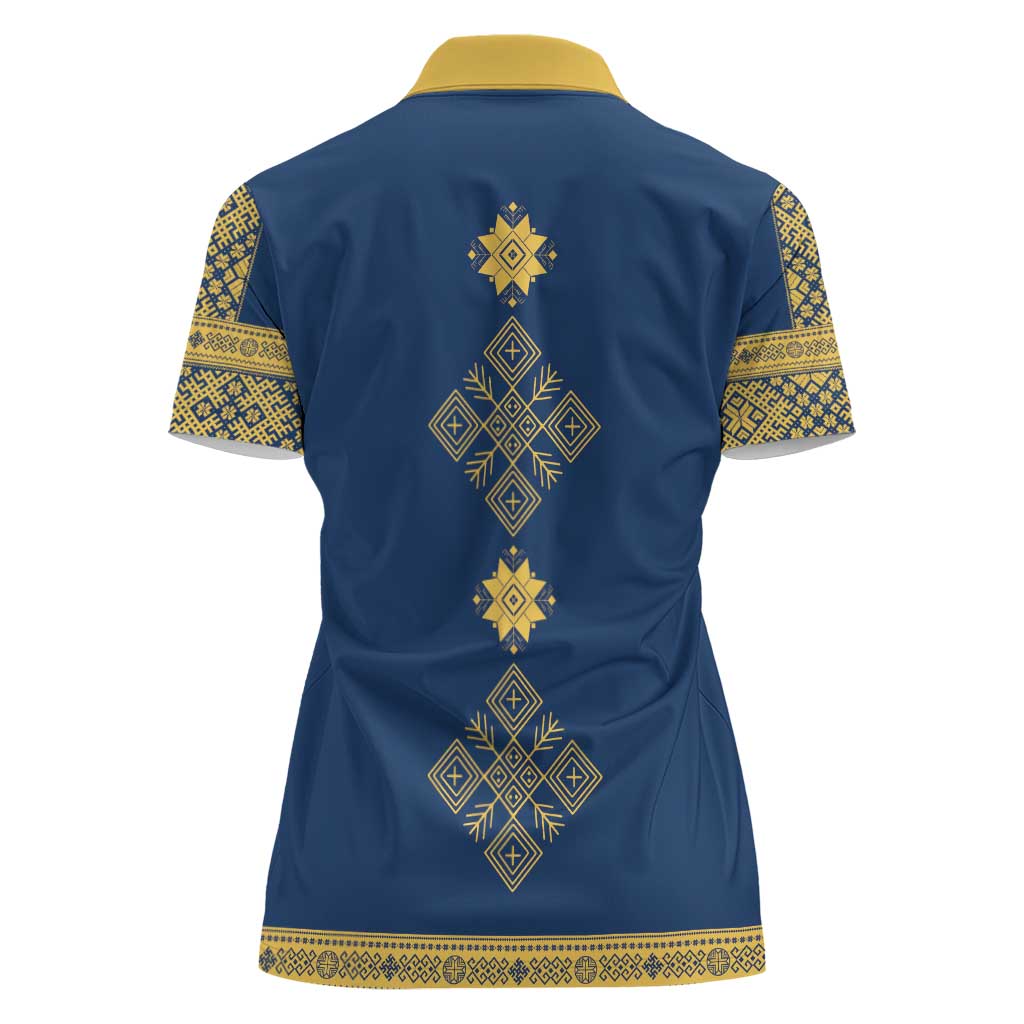 Latvia Jani Midsummer Women Polo Shirt Blue Gold Latvijas Auseklis