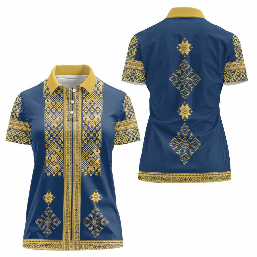 Latvia Jani Midsummer Women Polo Shirt Blue Gold Latvijas Auseklis
