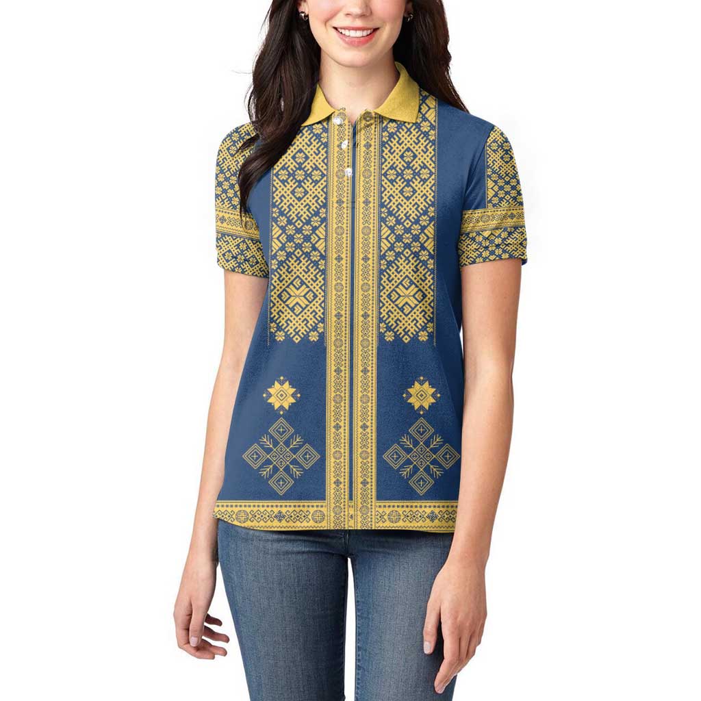 Latvia Jani Midsummer Women Polo Shirt Blue Gold Latvijas Auseklis