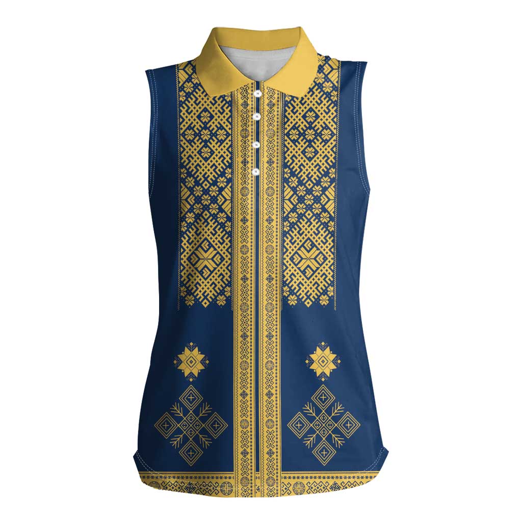 Latvia Jani Midsummer Women Sleeveless Polo Shirt Blue Gold Latvijas Auseklis