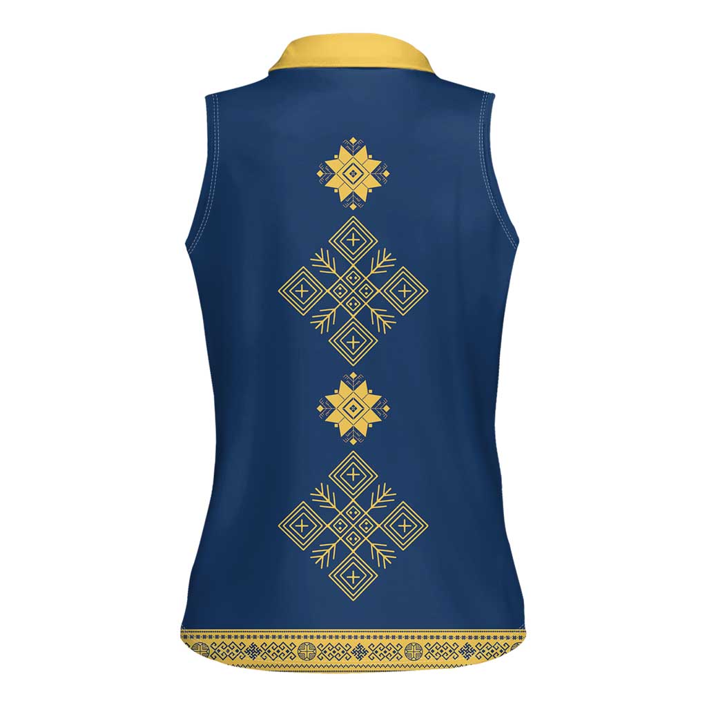 Latvia Jani Midsummer Women Sleeveless Polo Shirt Blue Gold Latvijas Auseklis