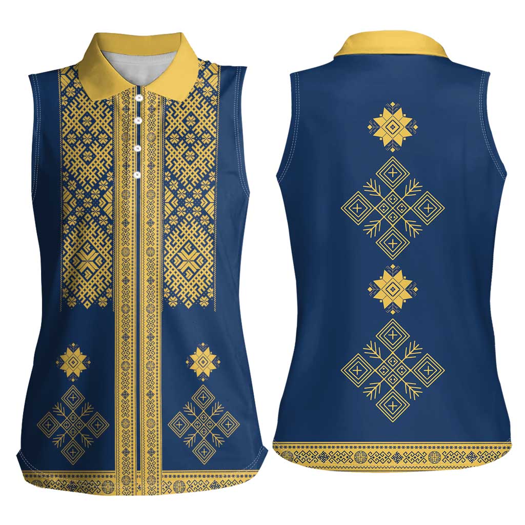 Latvia Jani Midsummer Women Sleeveless Polo Shirt Blue Gold Latvijas Auseklis