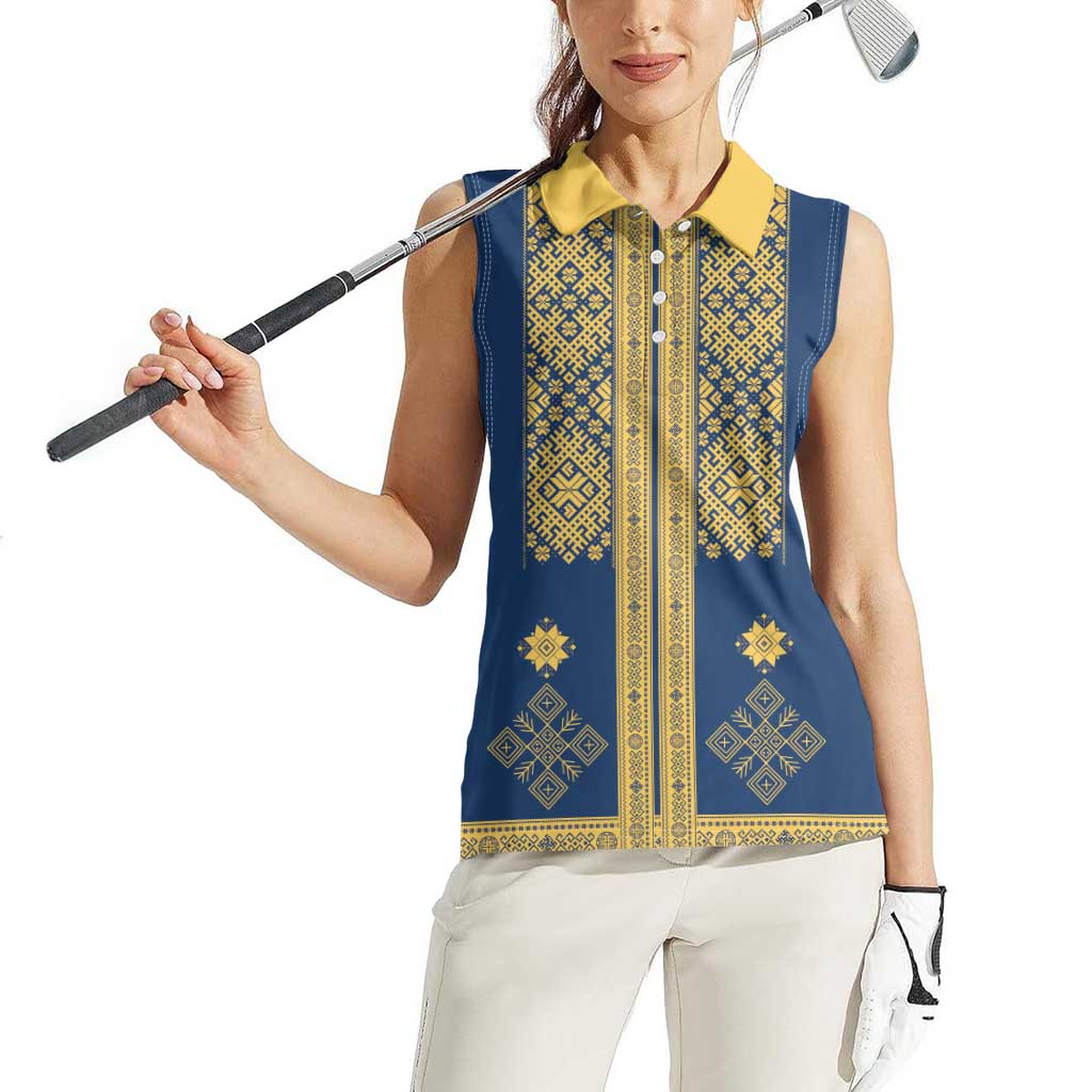 Latvia Jani Midsummer Women Sleeveless Polo Shirt Blue Gold Latvijas Auseklis
