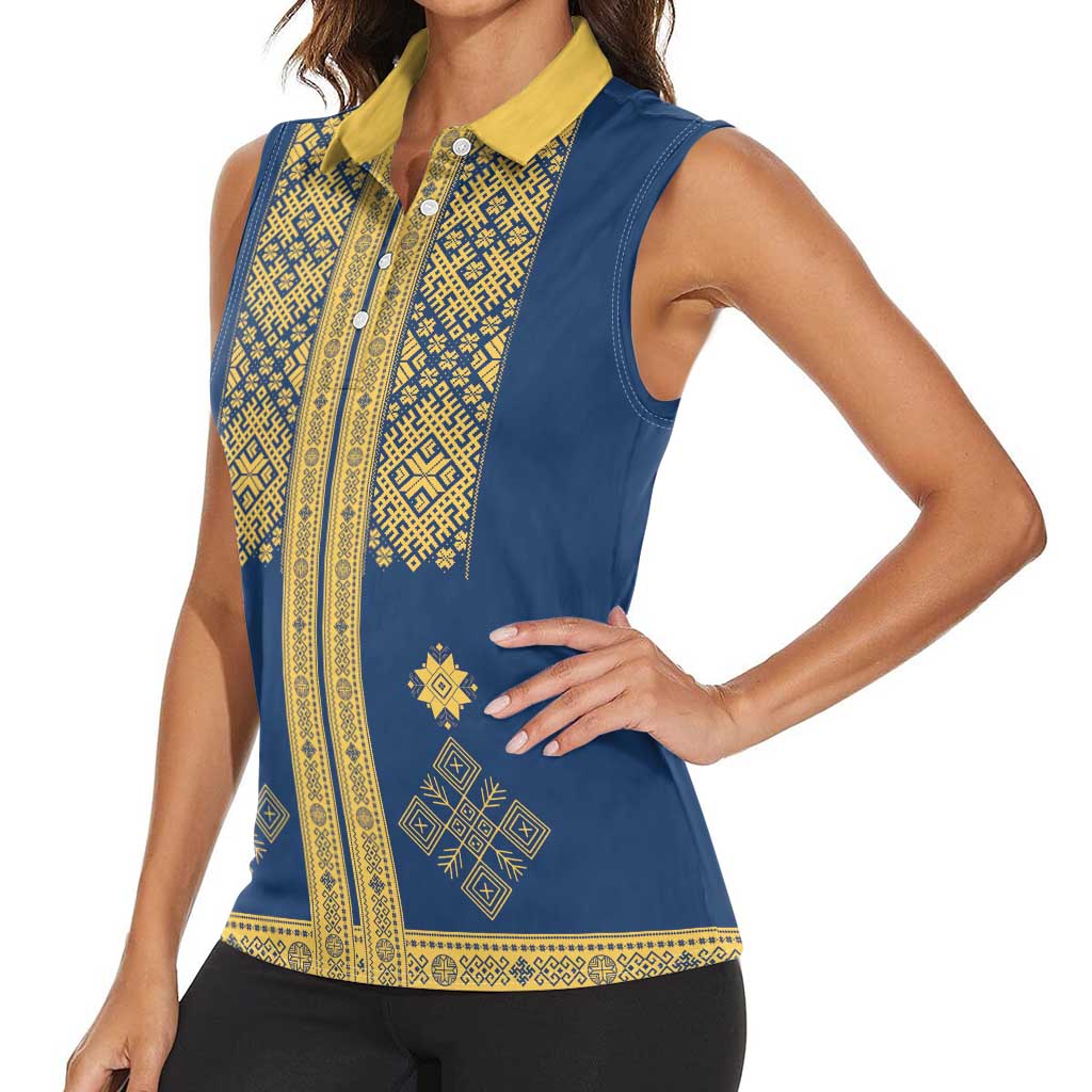 Latvia Jani Midsummer Women Sleeveless Polo Shirt Blue Gold Latvijas Auseklis