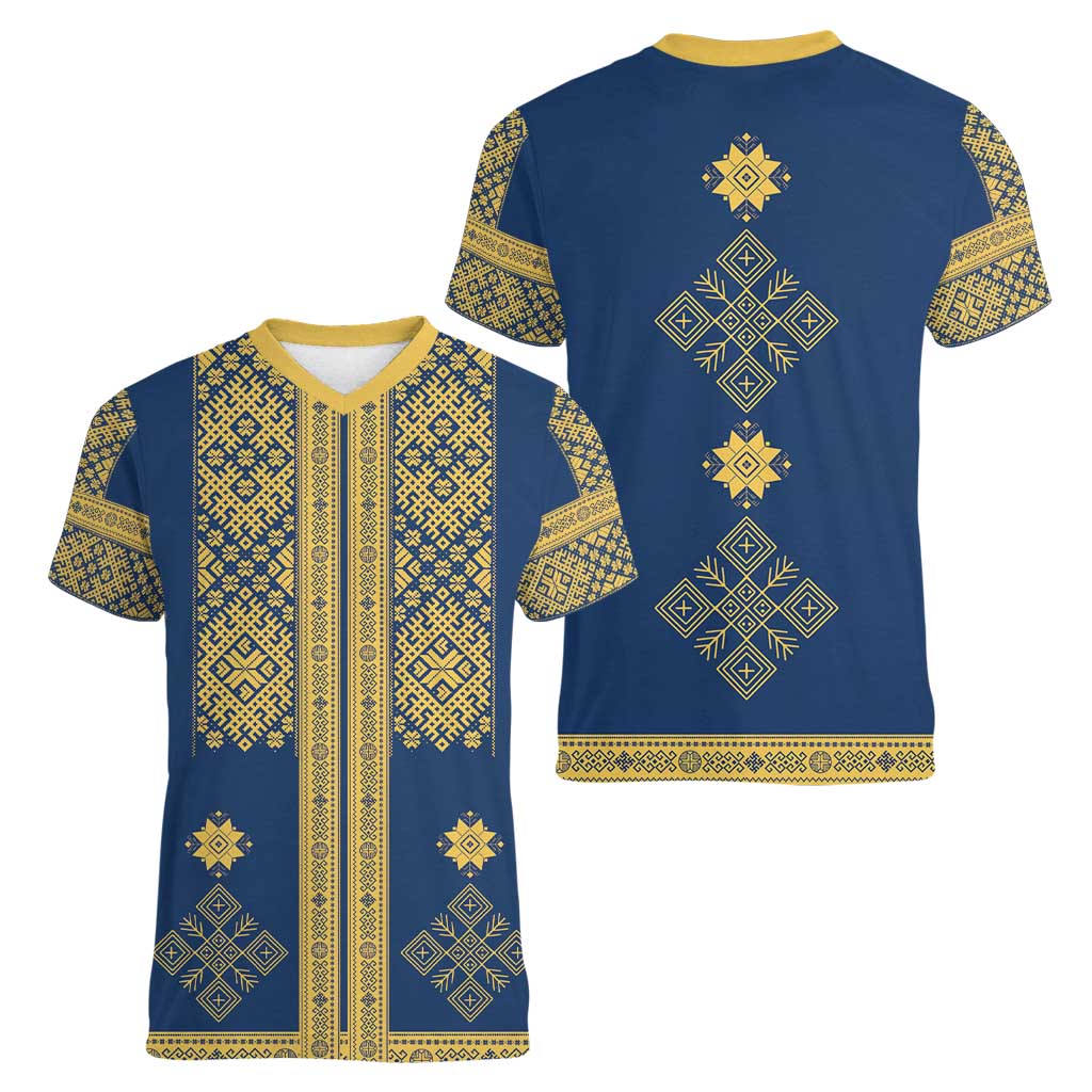 Latvia Jani Midsummer Women V-Neck T-Shirt Blue Gold Latvijas Auseklis