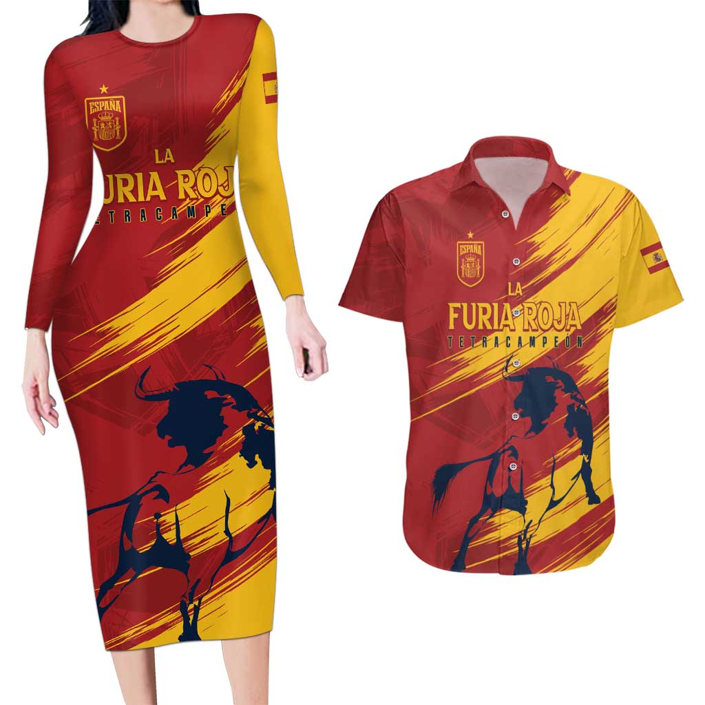 Spain La Furia Roja Custom Couples Matching Long Sleeve Bodycon Dress and Hawaiian Shirt 2024 Tetracampeon Espana LT7 - Wonder Print Shop
