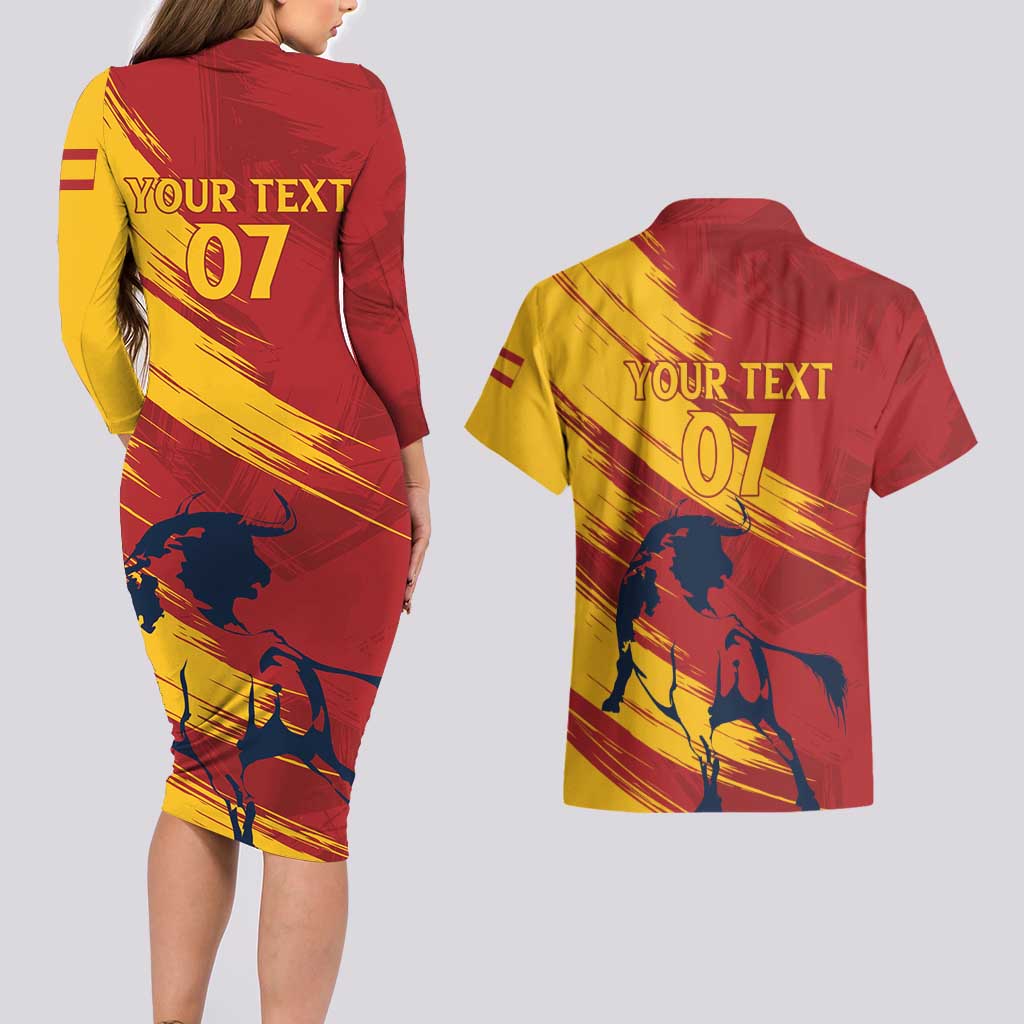 Spain La Furia Roja Custom Couples Matching Long Sleeve Bodycon Dress and Hawaiian Shirt 2024 Tetracampeon Espana LT7 - Wonder Print Shop