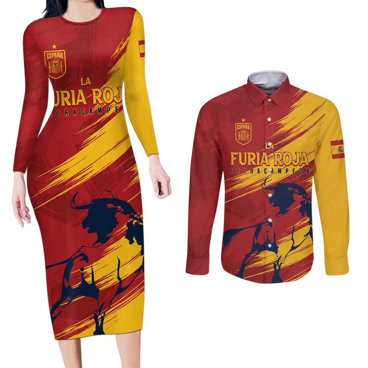 Spain La Furia Roja Custom Couples Matching Long Sleeve Bodycon Dress and Long Sleeve Button Shirt 2024 Tetracampeon Espana LT7 - Wonder Print Shop