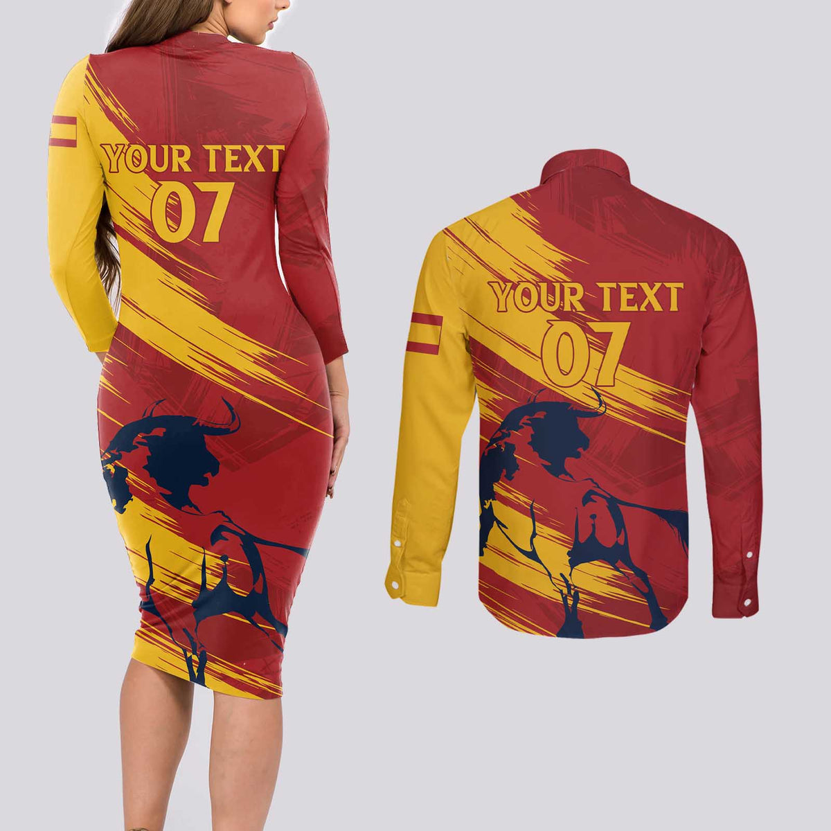 Spain La Furia Roja Custom Couples Matching Long Sleeve Bodycon Dress and Long Sleeve Button Shirt 2024 Tetracampeon Espana LT7 - Wonder Print Shop