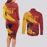 Spain La Furia Roja Custom Couples Matching Long Sleeve Bodycon Dress and Long Sleeve Button Shirt 2024 Tetracampeon Espana LT7 - Wonder Print Shop