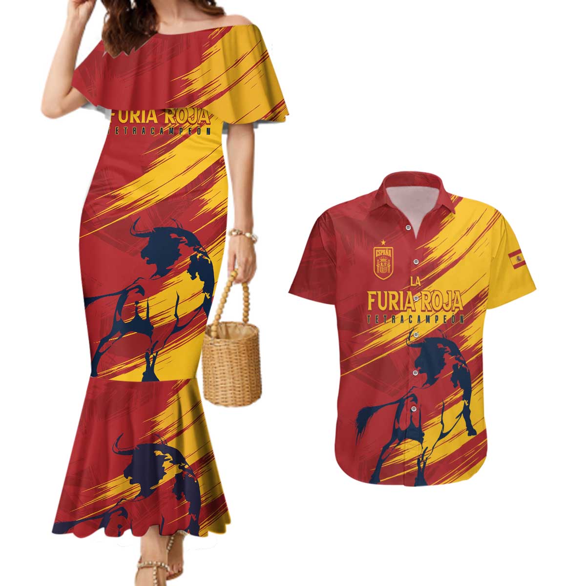Spain La Furia Roja Custom Couples Matching Mermaid Dress and Hawaiian Shirt 2024 Tetracampeon Espana LT7 - Wonder Print Shop