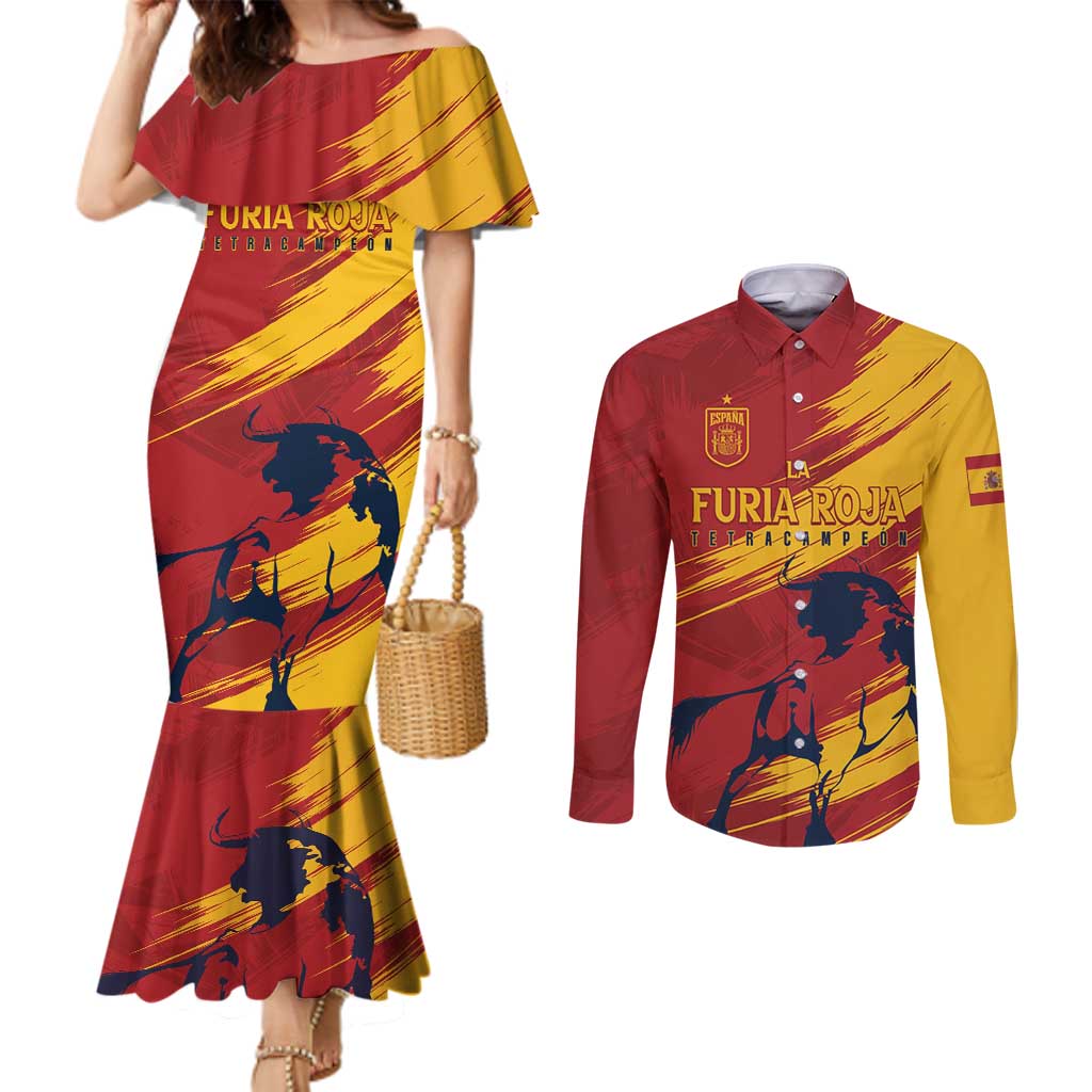 Spain La Furia Roja Custom Couples Matching Mermaid Dress and Long Sleeve Button Shirt 2024 Tetracampeon Espana