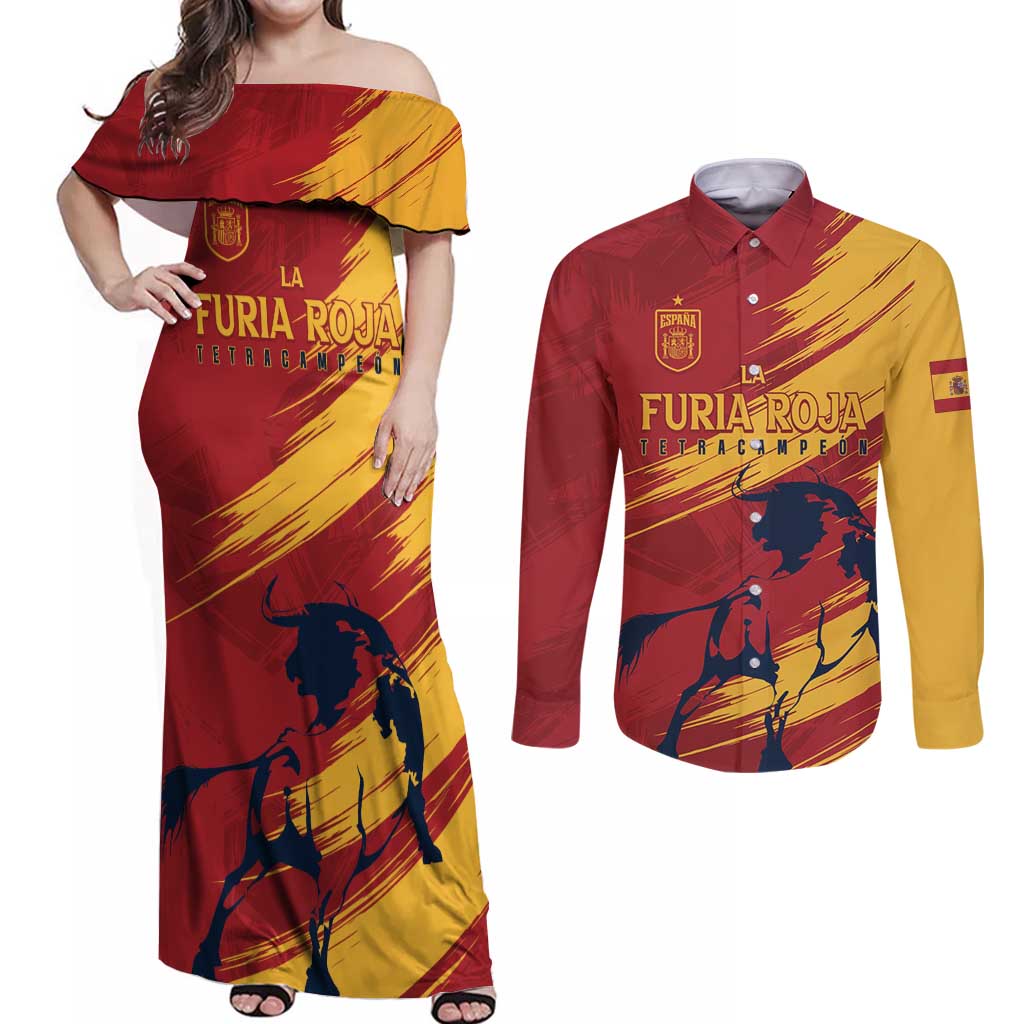 Spain La Furia Roja Custom Couples Matching Off Shoulder Maxi Dress and Long Sleeve Button Shirt 2024 Tetracampeon Espana LT7 - Wonder Print Shop