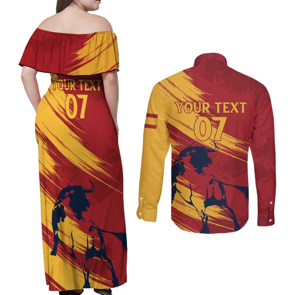 Spain La Furia Roja Custom Couples Matching Off Shoulder Maxi Dress and Long Sleeve Button Shirt 2024 Tetracampeon Espana LT7 - Wonder Print Shop