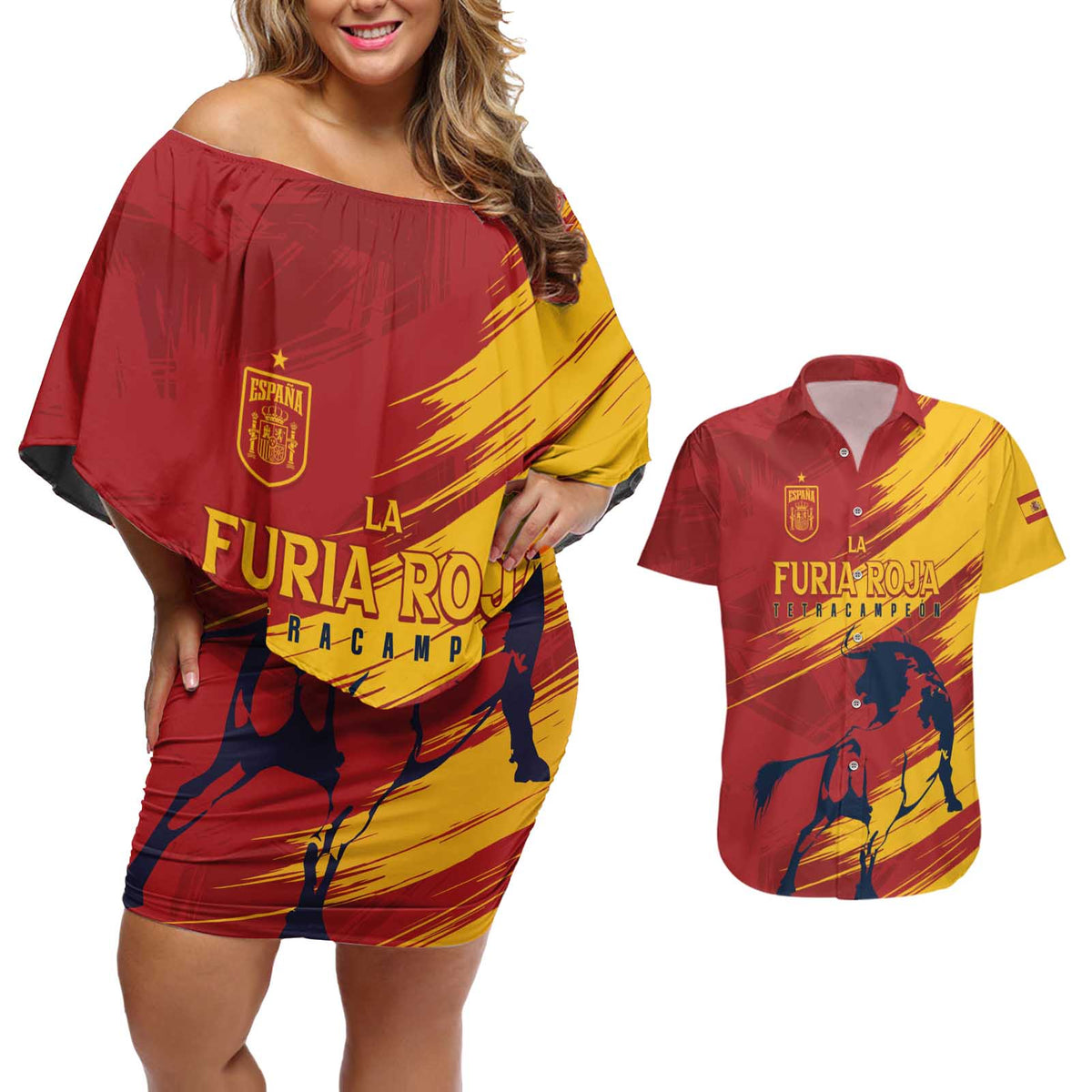 Spain La Furia Roja Custom Couples Matching Off Shoulder Short Dress and Hawaiian Shirt 2024 Tetracampeon Espana LT7 - Wonder Print Shop