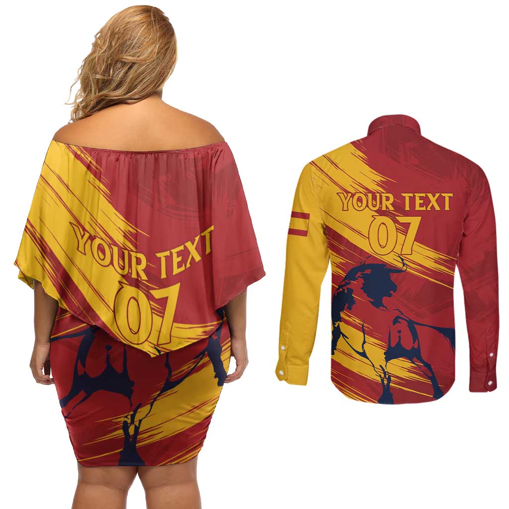 Spain La Furia Roja Custom Couples Matching Off Shoulder Short Dress and Long Sleeve Button Shirt 2024 Tetracampeon Espana LT7 - Wonder Print Shop