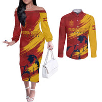 Spain La Furia Roja Custom Couples Matching Off The Shoulder Long Sleeve Dress and Long Sleeve Button Shirt 2024 Tetracampeon Espana