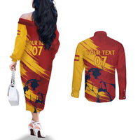 Spain La Furia Roja Custom Couples Matching Off The Shoulder Long Sleeve Dress and Long Sleeve Button Shirt 2024 Tetracampeon Espana