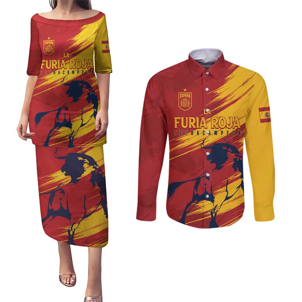 Spain La Furia Roja Custom Couples Matching Puletasi and Long Sleeve Button Shirt 2024 Tetracampeon Espana LT7 - Wonder Print Shop