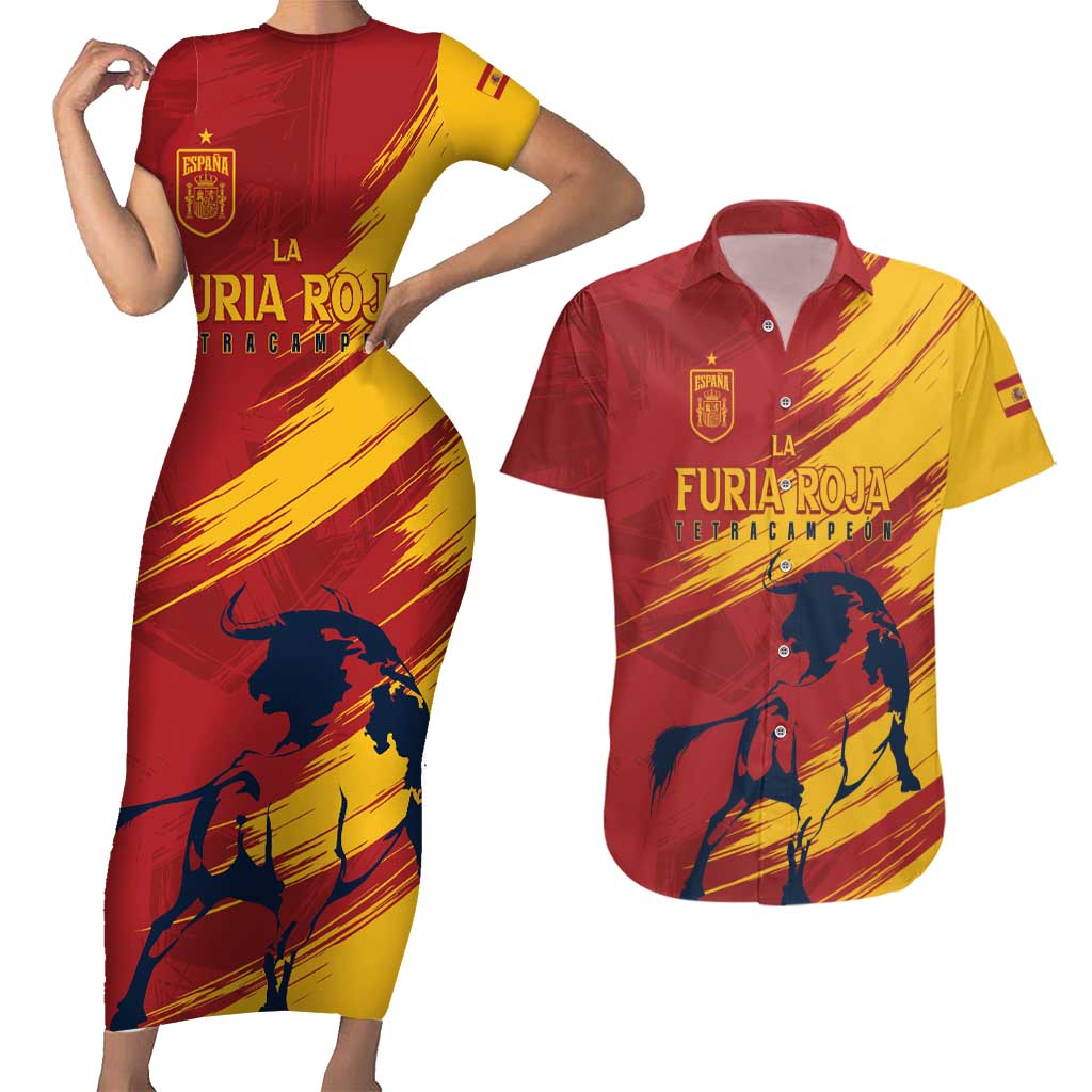 Spain La Furia Roja Custom Couples Matching Short Sleeve Bodycon Dress and Hawaiian Shirt 2024 Tetracampeon Espana LT7 - Wonder Print Shop