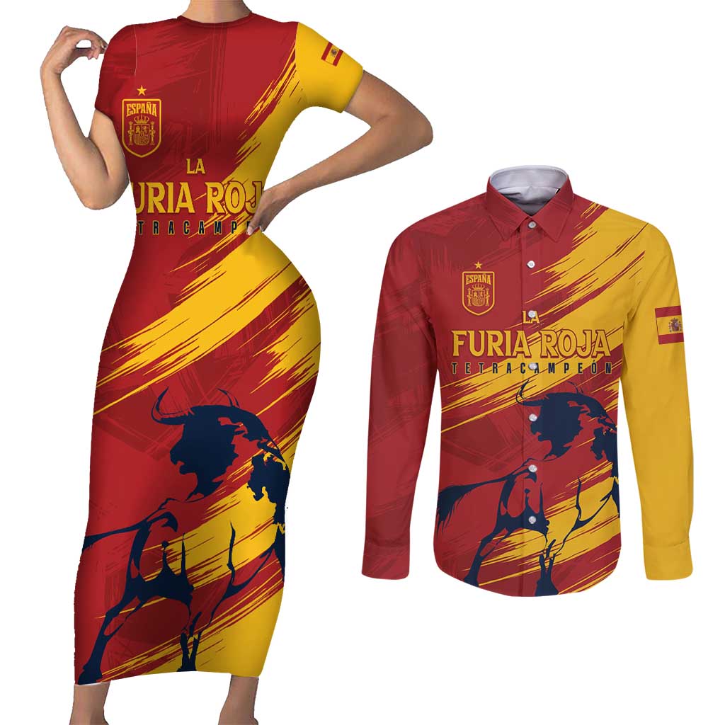 Spain La Furia Roja Custom Couples Matching Short Sleeve Bodycon Dress and Long Sleeve Button Shirt 2024 Tetracampeon Espana LT7 - Wonder Print Shop