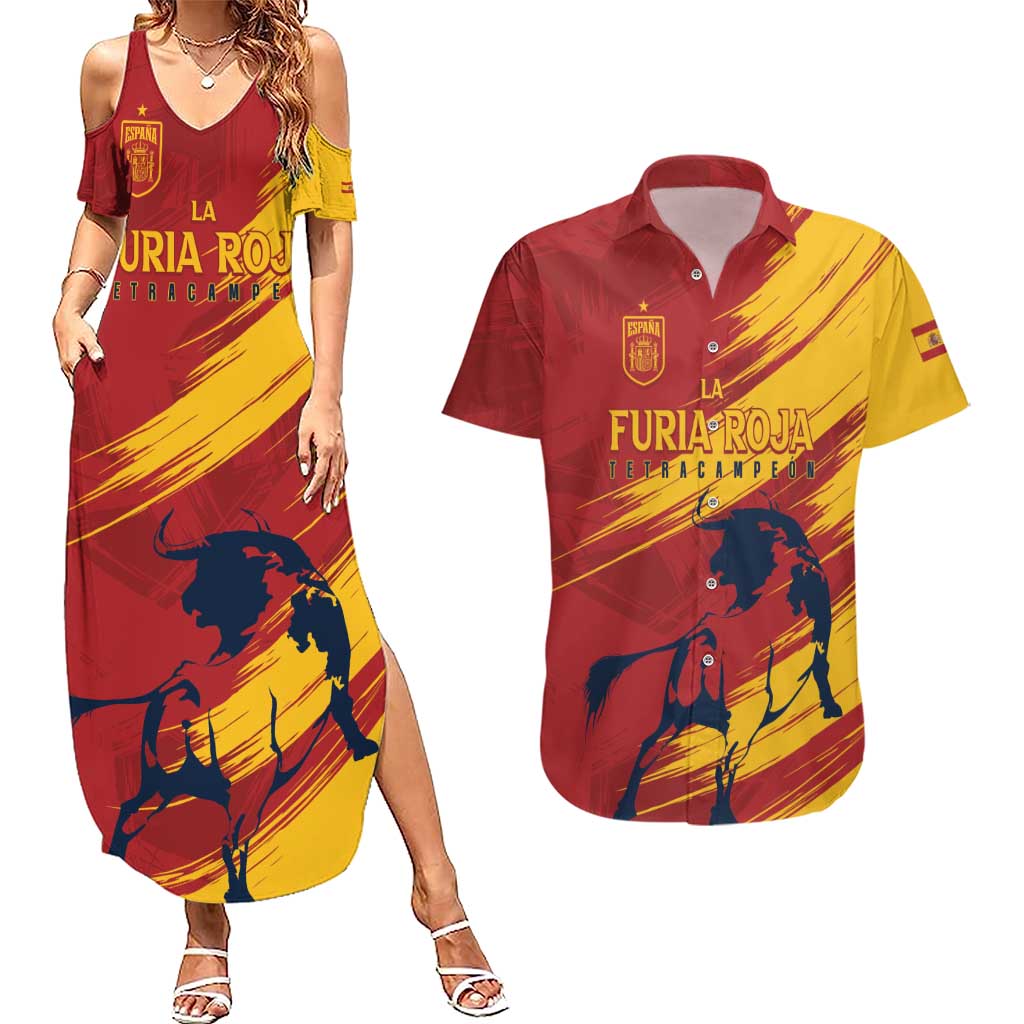 Spain La Furia Roja Custom Couples Matching Summer Maxi Dress and Hawaiian Shirt 2024 Tetracampeon Espana LT7 - Wonder Print Shop